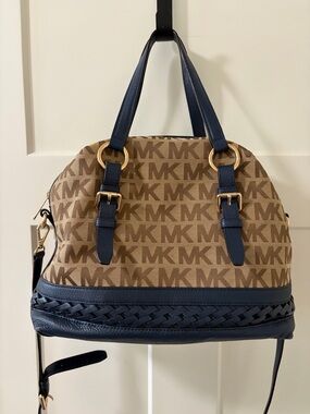 Michael Kors Gladstone Blue Beige Leather Fabric LG Satchel Bag Purse